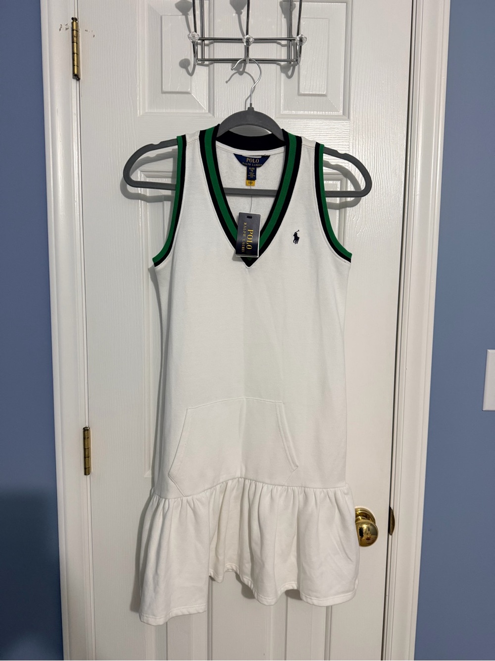 Ralph Lauren White Sleeveless V-Neck Polo Dress with Green & Black Trim